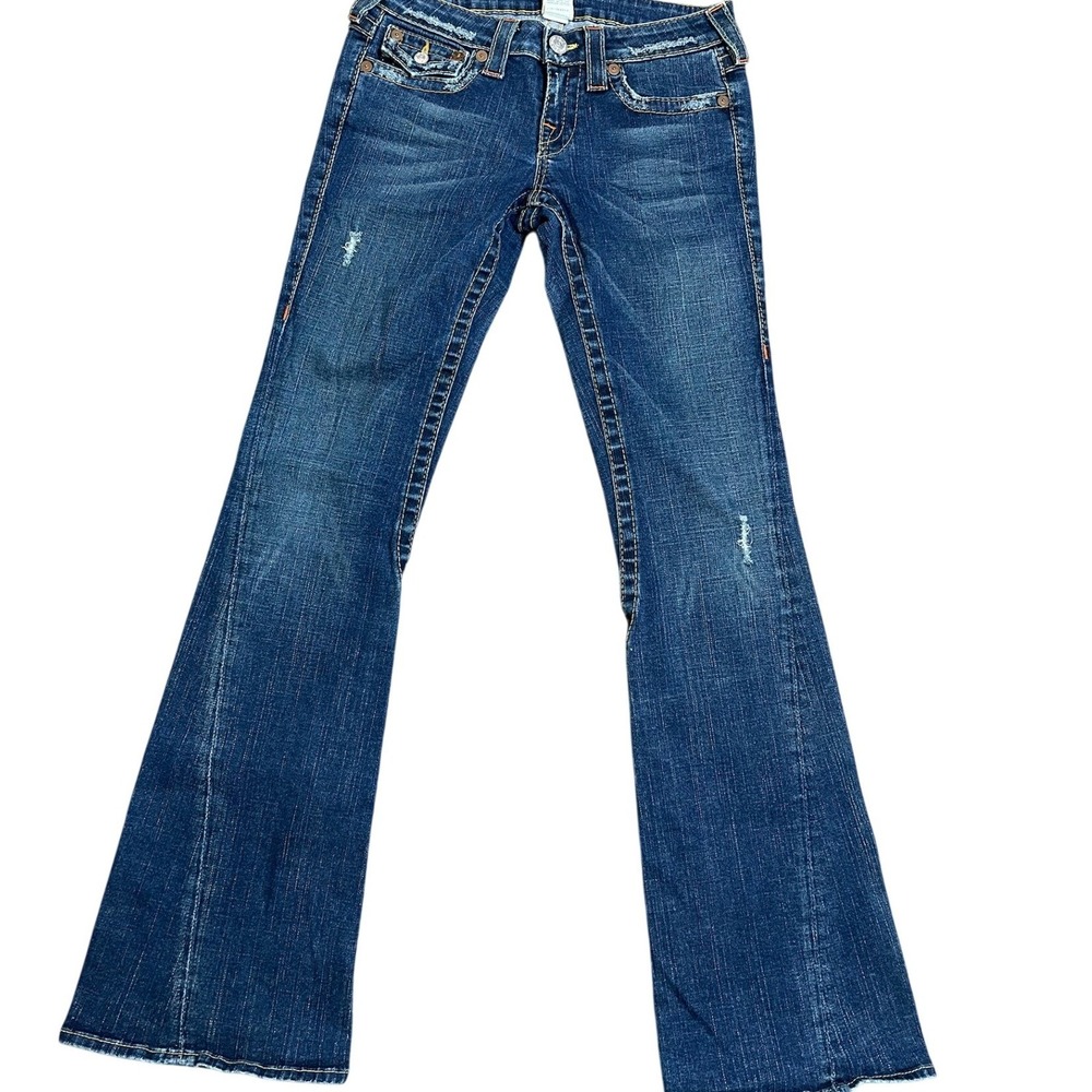True Religion Joey Flare Jeans Medium Wash Distressed Low Rise Blue Denim 27‎